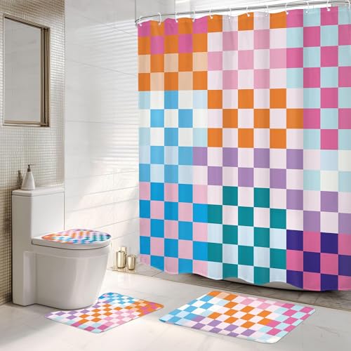 4 PCS Kids Colorful Checkered Shower Curtain Set 72Wx72H Cute Girly Retro Funky Girl Bathroom Set Non-Slip Bath Rug Toilet Lid Cover U Shape Mat Bathtub Accessories with 12 Hooks Bathroom Decor - color: G 01colorful, size: 72"W x 72"L (Pack of 4)