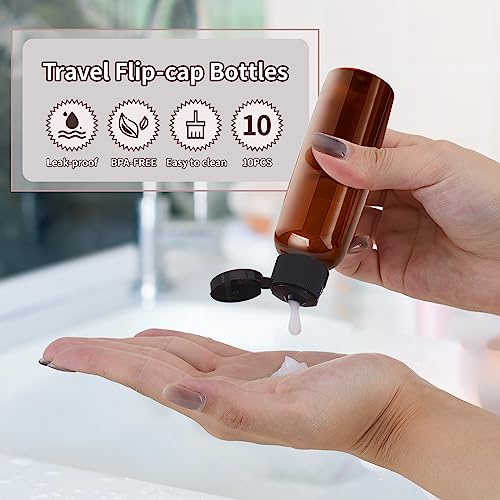 Tekson Travel Bottles Empty 2oz (10 PCS), Plastic Travel Size Cosmetic Container, TSA Amber Squeeze Bottle for Shampoo, Conditioner (Flip Cap) - color: amber