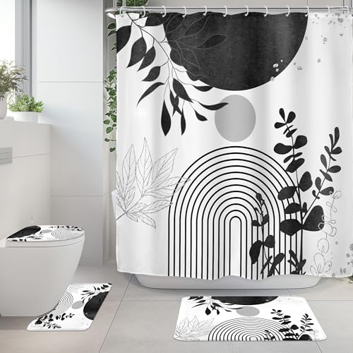Riyidecor Mid Century 4Pcs Bathroom Shower Curtain Sets Abstract Aesthetic Geometric Minimalist Bathroom Decor Set with Rugs and Accessories Modern Toilet Lid Rug, Contour and Bath Mat with 12 Hooks - color: 07black White