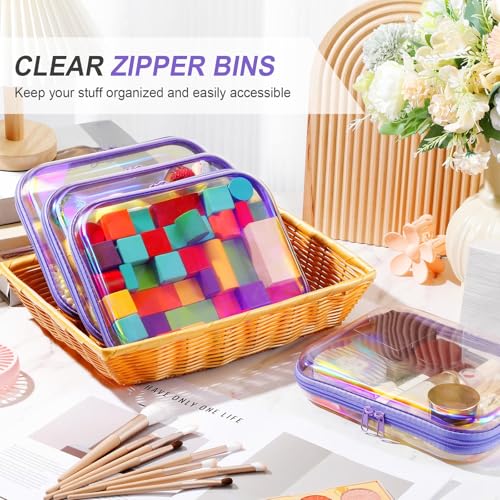 Hoolerry 4 Pcs Hard Clear Zipper Case Makeup Bags Plastic Zipper Pouch Transparent Storage Box Containers for Cosmetics, Snacks, Building Blocks, Puzzles(Clear,9.8 x 7.9 x 2 in,Purple Laser) - color: Purple Laser, size: 9.8 x 7.9 x 2 in