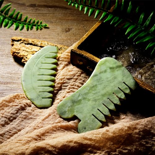 BBTO 2 Pcs Jade Comb for Scalp Massage Gua sha Comb for Head Body spa Hair Multifunctional Handheld Massage Tools(Round, Classic Style) - style: Round, Classic Style