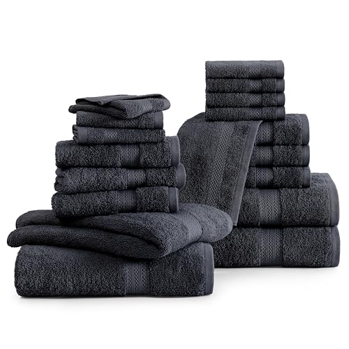 LANE LINEN 100% Cotton Black Towel Set for Bathroom - 18 Piece - Super Soft, Hotel Quality - 4 Bath, 8 Wash Cloths, 6 Hand Towels for Bathroom - Classic, Gentle on Skin, Ideal for Spa & Daily Use - color: 04: Black, size: 18 Piece Towel Set