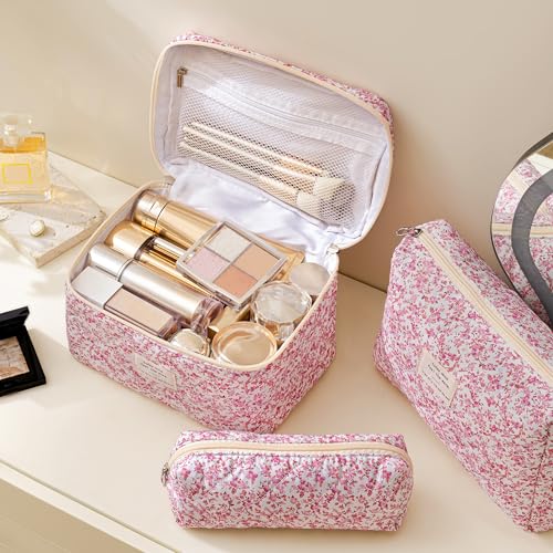 HBselect Quilted Makeup Bag, 3PCS Cotton Large Travel Makeup Bag, Cute Floral Coquette Make up Bag Cosmetic Bag Toiletry Bag for Women Girls - color: A-3PCS-Floral 20