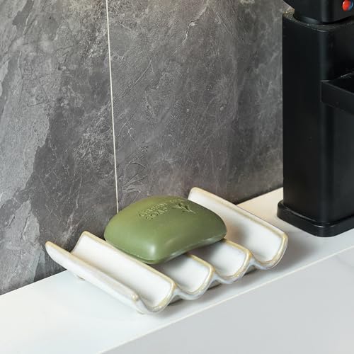 Soap Dish with Self Drain Fluted Design, Bar Soap Holder for Bathroom, Japanese Soap Tray for Shower, Bathroom and Kitchen Sink Organizer, Ceramic Soap Saver, White - color: White, size: Fluted