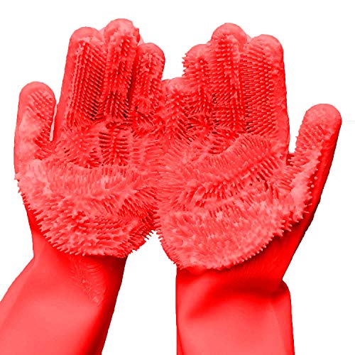 Silicone Dishwashing Gloves, Pet Grooming Rubber Scrubbing for Dishes, Sponge Wash Cleaning with Scrubbers (13.6" L) - color: Red