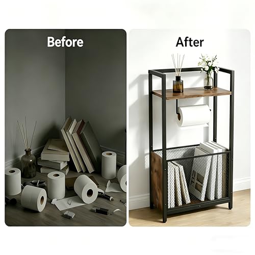Toilet Paper Holder Stand, Free Standing Toilet Paper Stand with Metal Mesh Basket, Freestanding Toilet Paper Holder with Storage for Bathroom Tissue Roll Holder, Magazines, Wipes, Black