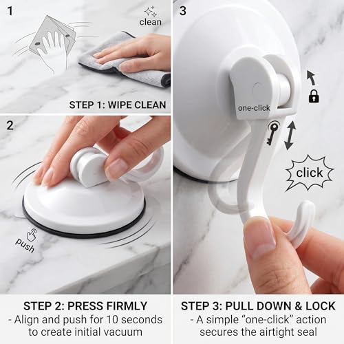 Heavy Duty Suction Cups with Hooks, Waterproof Shower Towel Holder | for Bathroom Wall Tile, Removable No-Drill Vacuum Suction Cup with Hook for Glass Door & Loofah, 4 Pack, White