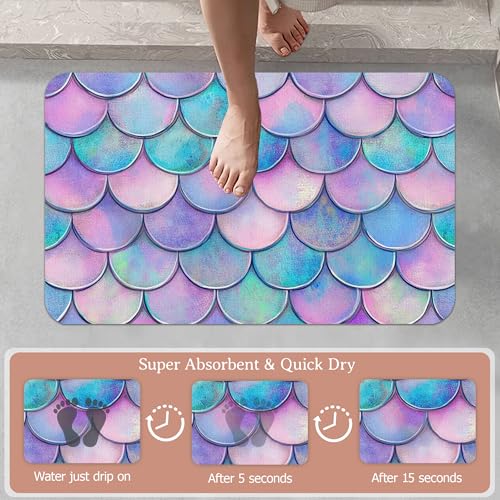 Diatomaceous Earth Bath Mat,Mermaid Scale Colorful Bath Rugs,Non-Slip Thin Absorbent Fast Drying Easy to Clean for Bathroom Laundry Home Kitchen Door Mat 17x29.5Inch - color: Mermaid Scale Colorful