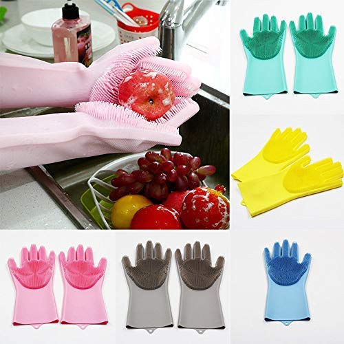 Silicone Dishwashing Gloves, Pet Grooming Rubber Scrubbing for Dishes, Sponge Wash Cleaning with Scrubbers (13.6" L) - color: Red