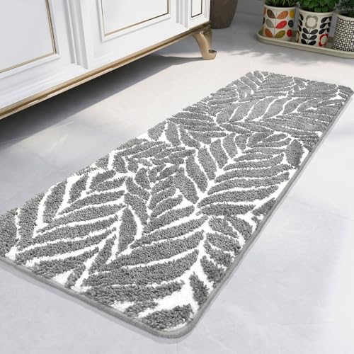 Gray Bathroom Runner Rug - Grey Long Bath Mat Tropical Leaf Bath Rugs Non Slip Washable Bathrug for Bathroom Floor, Cute Restroom Rug, Plant Absorbent Bathmat Botanical Home Decor 18" x 47" - color: Grey, size: 1'6" x 4' (Rectangular)