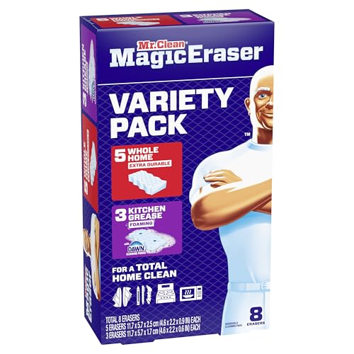 Mr. Clean Magic Eraser Sponge, All Purpose Cleaner, Cleaning Scrubber, Wall, Kitchen, Bathroom, Shower Cleaner, Melamine Sponge, Cleaning Pads, Variety Pack, 5 Extra Durable, & 3 Grease Magic Erasers - size: 8 Count, style: Upgraded Version