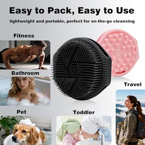 Silicone Body Scrubber for Men Women, Dual-Sided Bath Brushes Gentle Exfoliating Body Scrubber Scalp Massager for Deep Cleansing, Soft Silicone Loofah Body Washing Brushes (Black+Pink) - color: Black+pink