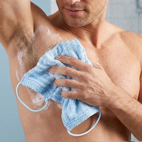 Yiclick Dual-Textured Exfoliating Washcloth Towel - Back Scrubber for Use in Shower Bath, Exfoliating Body Scrubber Exfoliator, Japanese Exfoliate Loofah Lufa Sponge Wash Cloth for Women Men - color: Sky