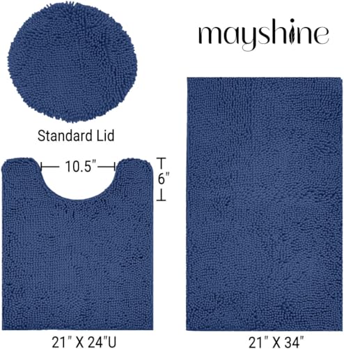 Standard 3pc Set Chenille Bath Mats, Includes 21"x24" U-Shaped Contour Toilet Rug, 21"x34" Inches Bathmat and 1 Toilet Lid Cover, Plush Absorbent Bath Mats Quick Dry, Dark Blue - color: Dark Blue, size: 24"x21", 34"x21" and TLC (Set)