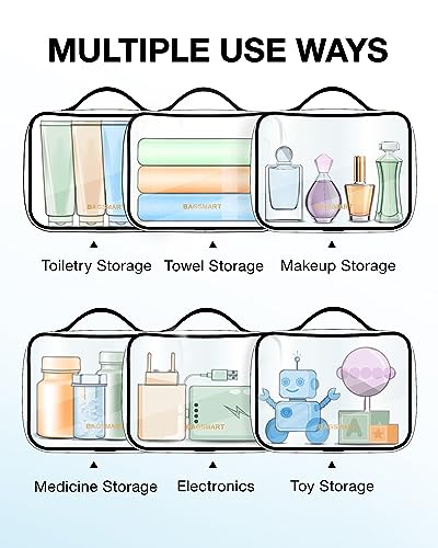 BAGSMART Clear Toiletry Bag, TSA Approved Travel Toiletry Bag Carry On Travel Accessories Bag Airport Airline Quart Size Bags water-resistant Makeup Bag for Women - color: Basic Black-with handle+180° open, size: 3 Pack, Medium