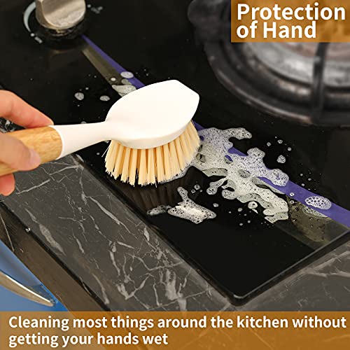 2 Pack Kitchen Dish Brush Bamboo Handle Dish Scrubber Built-in Scraper, Scrub Brush for Pans, Pots, Kitchen Sink Cleaning, Dishwashing and Cleaning Brushes are Perfect Cleaning Tools, White - style: White