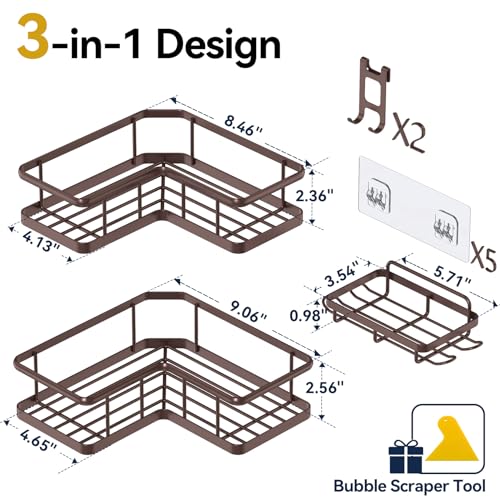 YASONIC Corner Shower Caddy Adhesive, 100% Rustproof Shower Organizer with Soap Holder, No Drill Shower Shelf for Inside Shower, Wall-Mounted Shower Storage for Homes (3 Pack, Bronze) - color: Bronze