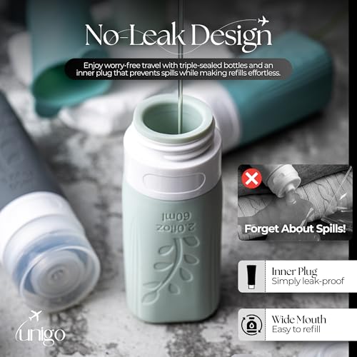 unigo 30 PACK Travel Bottles Set for Toiletries - Leakproof Refillable Travel Size Containers, TSA Approved Bottles with Labels, Brush & Covers for Carry-On Travel