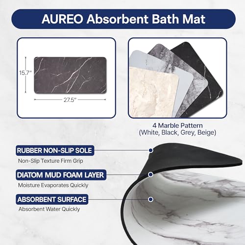 Aureo Super Absorbent Diatomaceous Bath Mat, Quick Dry, Soft Non-Slip Rug for Bathroom, Kitchen, Entryway, Easy Clean, Marble Design, 27.55" x 15.74", Black