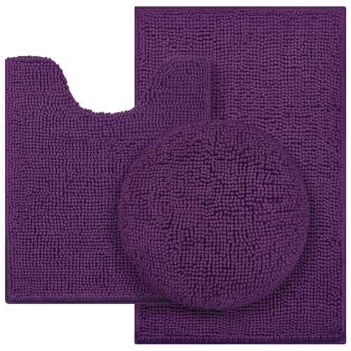 HOMEIDEAS 3 Pieces Dark Purple Bathroom Rugs Set, Ultra Soft Non Slip Bath Rug and Absorbent Chenille Bath Mat, Includes U-Shaped Contour Rug, Bath Mat and Toilet Lid Cover, Perfect for Bathroom Floor - color: Purple, size: 20"x32"+U 20"x24"+Cover 18"x21"