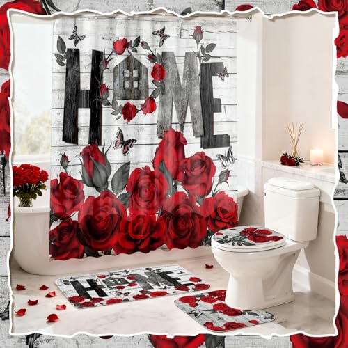 Tatuo 8 Pcs Red Rose Shower Curtain Set Rose Home Romantic Farmhouse Bathroom Decor Accessories Sets Black Red Waterproof Shower Curtain with Towels Carpet Bath Mat Toilet Rugs and 12 Hooks - style: Red Rose