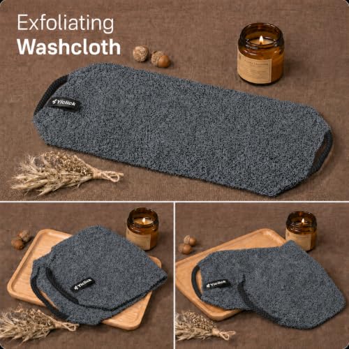 Yiclick Exfoliating Washcloth Towel with Handle, Back Scrubber for Shower, Exfoliating Body Scrubber Exfoliator, Japanese Wash Cloth for Body Scrub, Bath Sponge Loofah Luffa Washer Exfoliator - color: Grey