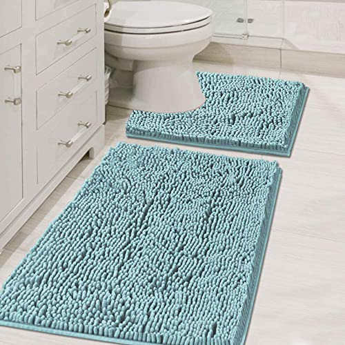 H.VERSAILTEX Original Luxury Chenille Bathroom Rug Mat (32" x 20"/20" x 20"), Extra Soft & Absorbent Shaggy Rugs, Machine Wash/Dry, Perfect Plush Carpet Mats for Tub (Curved Set, Aqua Haze) - color: Aqua Haze, size: 20" x 32" Plus 20" x 20"