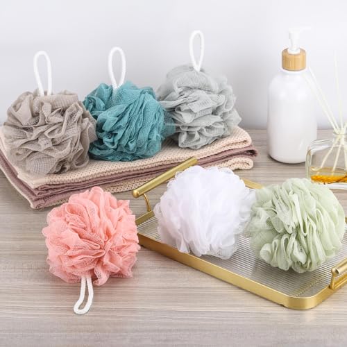 BTYMS 6 Pcs Shower Pouf 60g Bath Loofah Shower Sponge Loofahs Exfoliating Mesh Puff Body Wash Sponge - color: White&pink&green&cyan&brow&gray, size: 6 Count (Pack of 1)