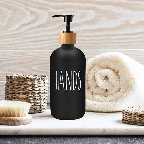 Sunrise Premium 16 OZ Thick Black Glass Soap Dispenser, Bamboo Pump with Tray 2 Pack, Hand and Dish Soap Dispenser Set for Bathroom with 6 Waterproof Labels - color: Bamboo Pump With Tray - Black Glass