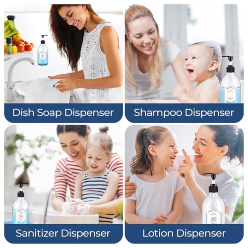 16 oz Clear Glass Soap Dispenser with Pump, Glass Pump Bottle for Lotion Body Oil, 500ml Hand and Dish Soap Dispensers Set with Storage Caps, Labels - 2 Pack - color: Clear
