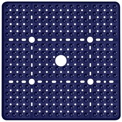 Large Square Shower Mat 27 x 27 Inch Navy Blue, Non Slip Shower Bathtub Mats for Inside Shower with Big Suction Cups Drain Holes, Anti Slip Bathroom Floor Stall Mats, Easy Clean, BPA-Free - color: Navy Blue