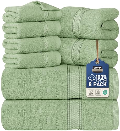Utopia Towels 8 Piece Luxury Towel Set – Majestic Plush, Super Absorbent & Quicker-to-Dry, Thick 100% Ring Spun Cotton Towels for Bathroom, Spa & Hotel – 2 Bath, 2 Hand, 4 Washcloths, Sage Green - color: Sage Green, size: 8 Pieces Towel Set
