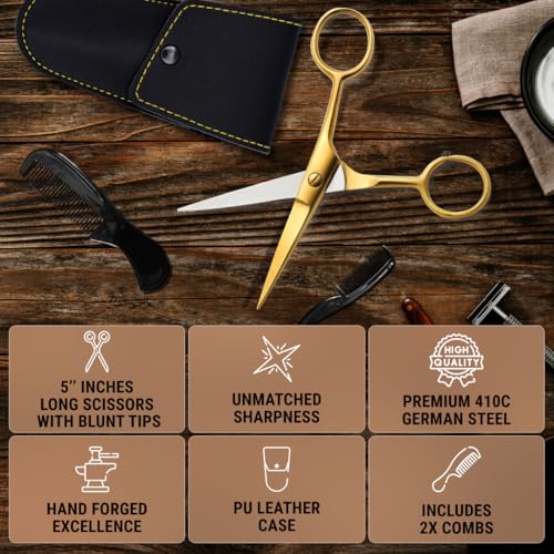 Ontaki Beard & Mustache Scissors for Men - 5inch, Gold Brass - 410C German Steel Durable, Ergonomic Design Travel Friendly Facial Hair Scissors - Beard Kit 2 Combs & Case Perfect for Styling - color: Golden Brass