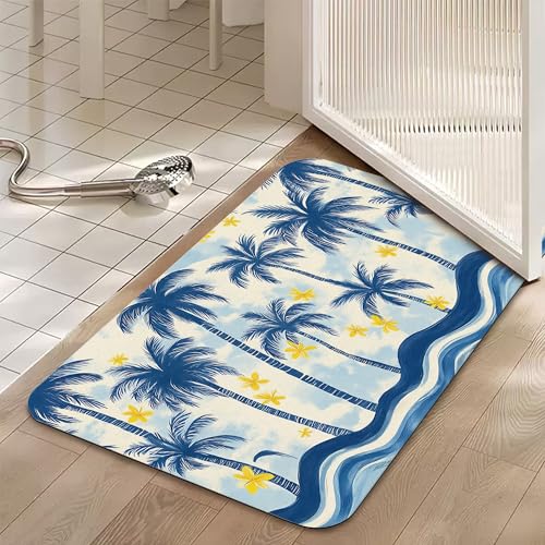 Bathroom Floor Mat,Blue Coconut Tree Bathroom Rugs,Quick Dry Watercolor Yellow Flower Diatomaceous Bath Mat,Non Slip Super Absorbent Soft Floor Mat for Home Kitchen Dorm Patio 17 X 29.5 Inch - color: Blue Coconut Tree