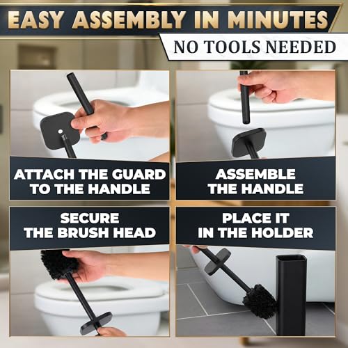 Black Toilet Brush with Square Stainless Steel Holder - Freestanding Toilet Brush and Holder Set Black - Removable Plastic Inner Cup, Splash Guard Cover, Replaceable Head, Corrosion Resistant Finish - color: Black Rounded Square