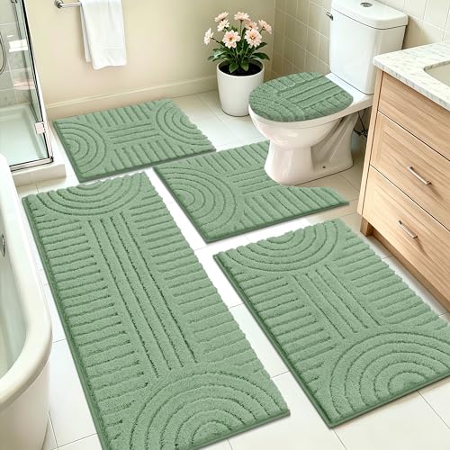 SHACOS Sage Green Microfiber Bathroom Rugs Sets 5 Piece Ultra Soft | Absorbent Bath Mat with Bath Runner, U Shape Contour Rug, Toilet Lid Cover, Non Slip Machine Washable Carpet for Bathroom - color: Sage Green