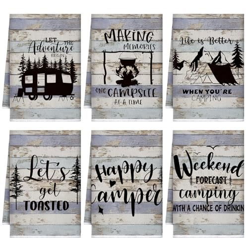 Boyiee Set of 6 Camping Kitchen Towels Happy Camper Tea Towels Absorbent Farmhouse Dish Towels with Funny Sayings 24 x 16 Inches Camping Hand Towels for RV Campers Lovers Gifts Accessories Decorations - color: Rustic