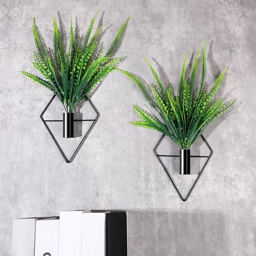 Canlierr 2 Pieces Black Wall Decor Hanging Planters with Artificial Plants Metal Hanging Vase Indoor Plants Holder Modern Geometric Wall Art for Bathroom Bedroom Living Room Decor(Boston Fern) - color: Black, size: Boston Fern