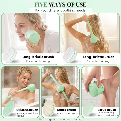 Electric Body Brush Back Scrubber for Shower，5 Replaceable Heads and Hook,Waterproof Long Dual Handle Power Body Scrubber 2 Speeds, for Cleansing Body, Exfoliating and Massaging Skin. - color: Green