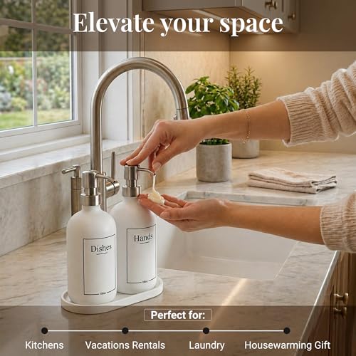 Glass Hand and Dish Soap Dispenser Set with Bamboo Tray – Kitchen Soap Dispenser Set, Stainless Steel Pumps, 16 oz, Silicone Funnel – Modern Farmhouse Kitchen Sink Decor - color: Stainless