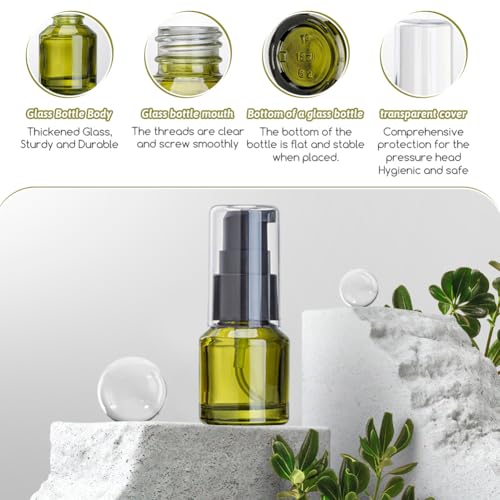 3 Pcs Green Glass Pump Bottles, Empty Refillable Leak-Proof Travel Bottles, Mini Portable Cosmetic Dispenser for Lotion Cream Foundation Toiletries (15ml/0.5oz) - color: Green, size: 15ml/0.5oz