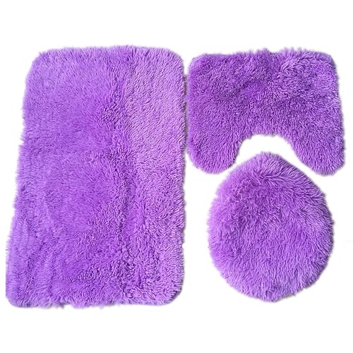 Soft Bathroom Carpet 3 Piece Bathroom Rugs and Mats Set Bath Mats Set with U-Shaped Toilet Floor Mat Rugs andToilet Lid Cover Mat (Purple) - color: Purple