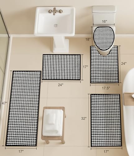 YIHOUSE Black Bathroom Rugs Set 5 Pieces, Checkered Absorbent Bath Mat Sets Quick Dry, Woven Soft Bath Rugs Non Slip, Thin Washable Rugs for Bathroom - color: Black, size: 5 Pieces