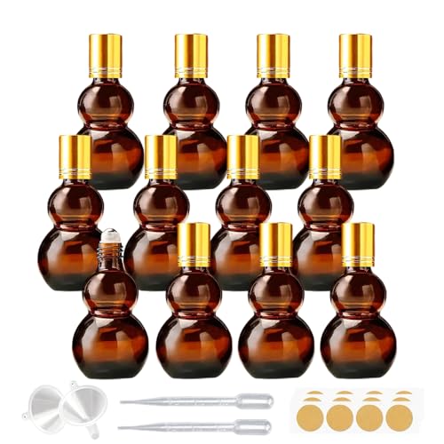 Essential Oil Roller Bottles, Amber Gourd Shaped Glass Roller Bottles with Stainless Steel Roller Ball, for Travel,Perfume (Amber-Gold Cap, 10ML) - color: Amber-Gold Cap, size: 10ML