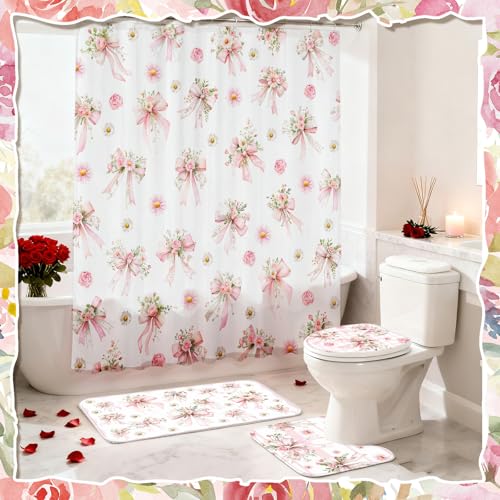 Tatuo 8 Pcs Pink Bow Daisy Shower Curtain Sets for Bathroom Decor Coquette Bathroom Accessories Daisy Rose Aesthetic Girly Shower Curtain Sets with Towels Carpet Bath Mat Toilet Rugs and 12 Hooks - style: Floral Bow