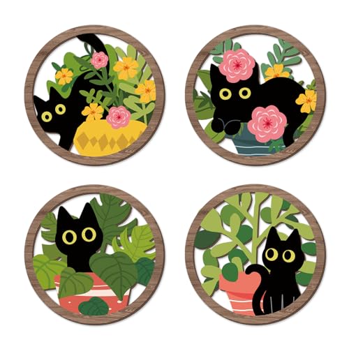 TOARTi 4PCS Boho Black Cat Wall Art Farmhouse Floral Cat Hanging Wood Sign Botanical Kitten Wall Decor Plant Cats Room Decor Floral Leaves Cat Wooden Sign for Living Room Bedroom Decoration - color: Flower Black Cat Wall Art