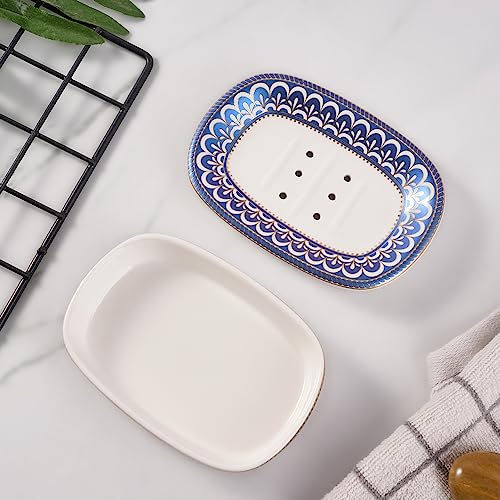 Self Draining Soap Dish, Double-Layer Bar Soap Tray, White Ceramic Soap Dish with Elegant Patterns (Style C) - color: Style C