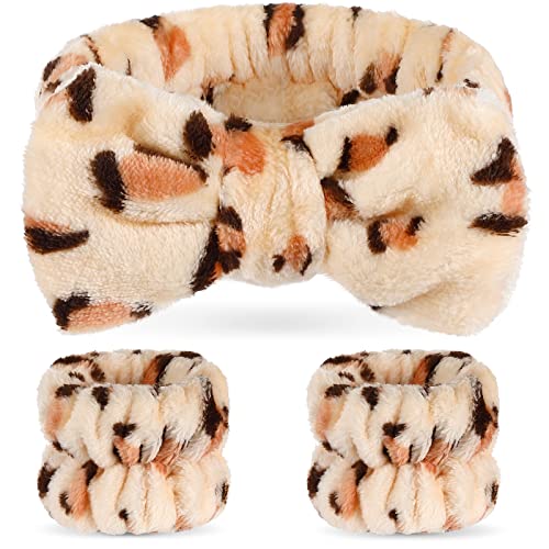 Hanaive 3 Pcs Spa Headband and Wristbands Set for Washing Face Makeup Skincare Hair Band Skin Care Accessories Tools for Women Gifts(Leopard)