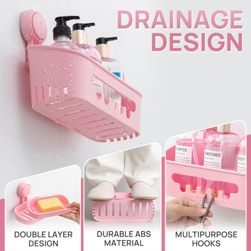 LEVERLOC Shower Caddy Suction Cup Set Shower Organizer & Soap Holder & Toothbrush Holder, Bathroom Shelf Basket NO-Drilling, Removable Suction Storage Waterproof Bathroom Caddy, Pink - color: 3 X Pink