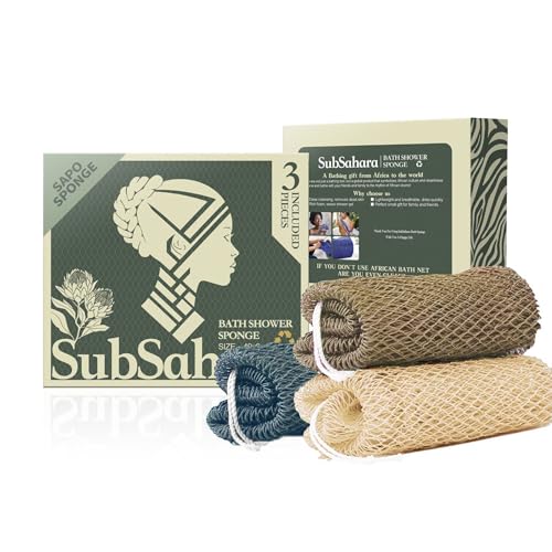 SubSahara Authentic African Net Sponge - 3 Pack Exfoliating Bath & Shower Loofah Sponge for Body & Face, Gentle Scrubber for All Skin Types, Travel, Durable - color: Grey, Brown, Linen White